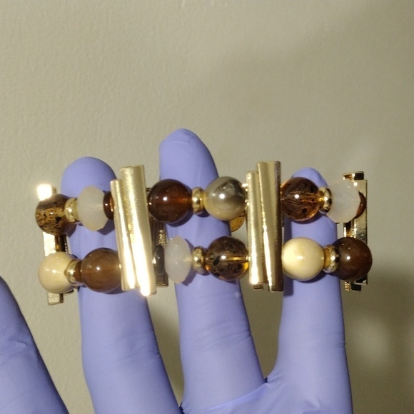 Boho Beaded Stretch Bracelet – Mixed Brown, Cream & Gold Tone, Geometric Accents - Picture 3 of 5